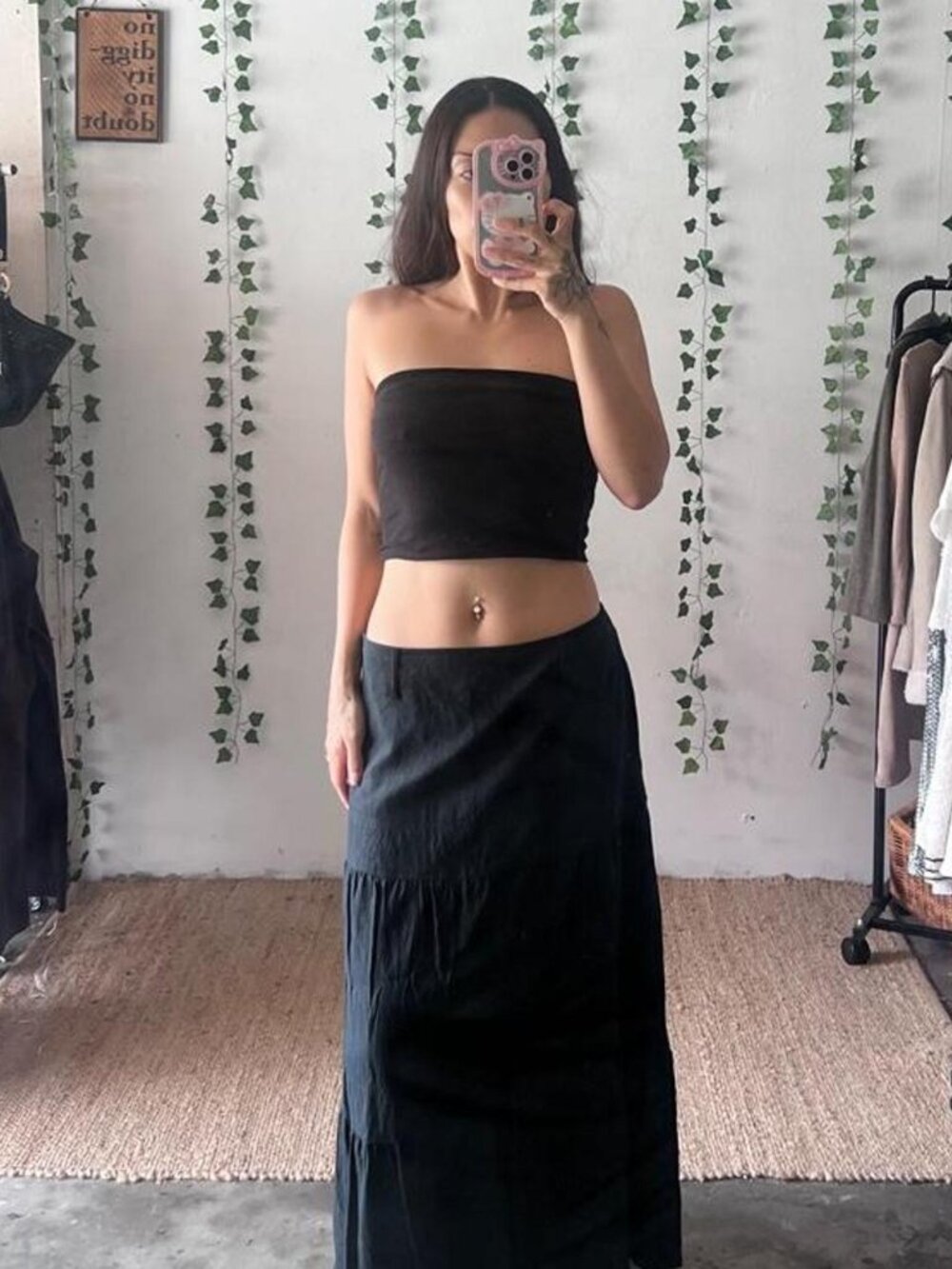Apostrophe black boho tiered maxi skirt linen blend with belt loops size 12